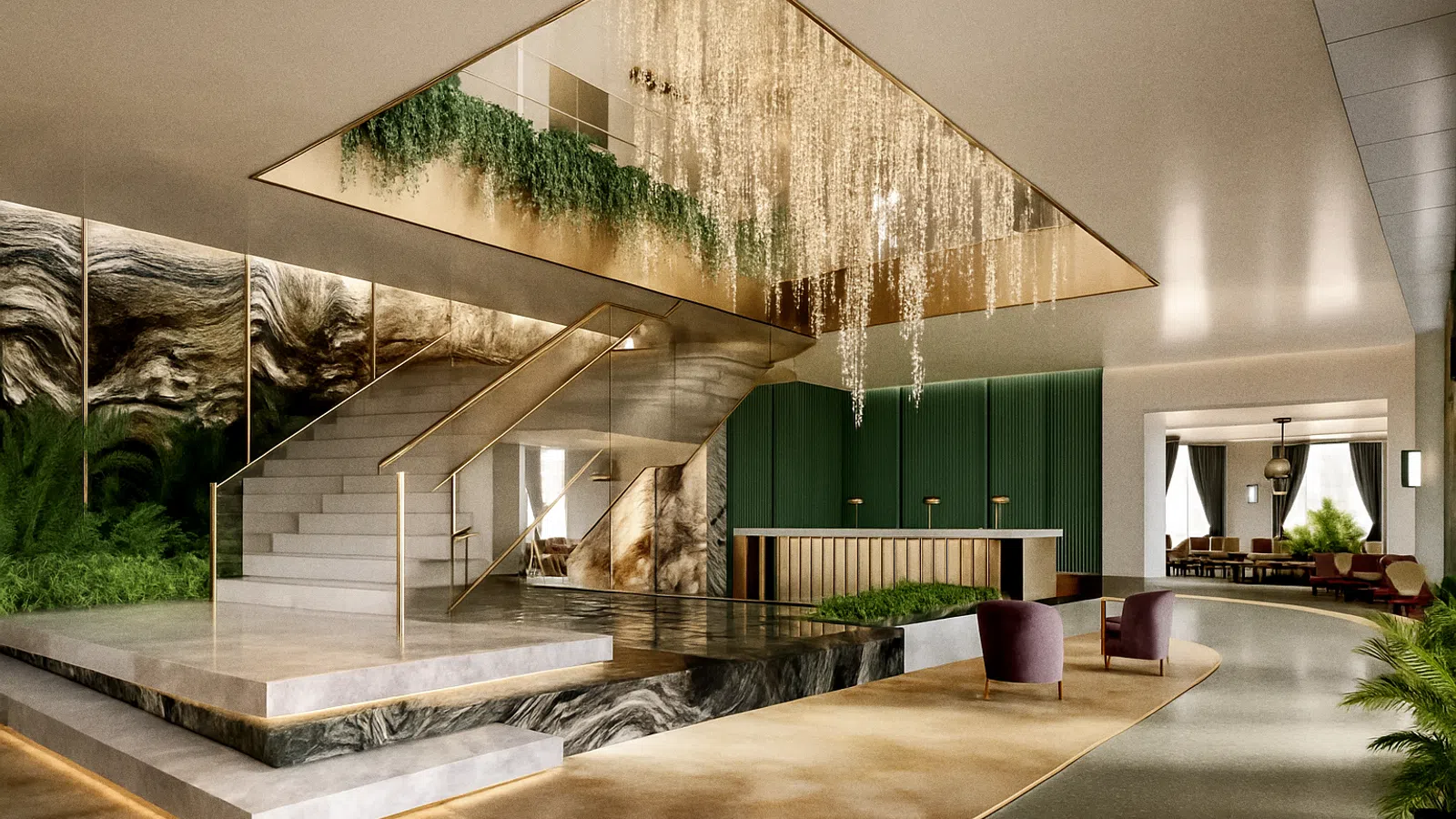 Luxurious lobby with marble staircase, gold chandelier, green walls, modern seating, and stylish reception desk
