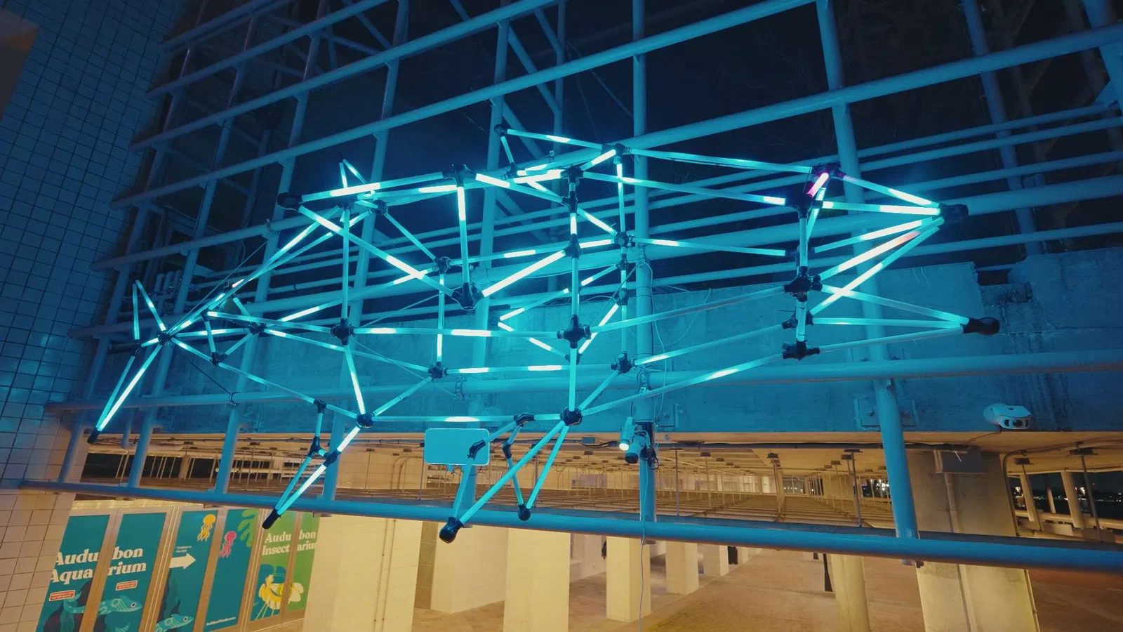 Glowing blue neon light sculpture in the shape of a fish suspended indoors with visible beams and fluorescent tubes.