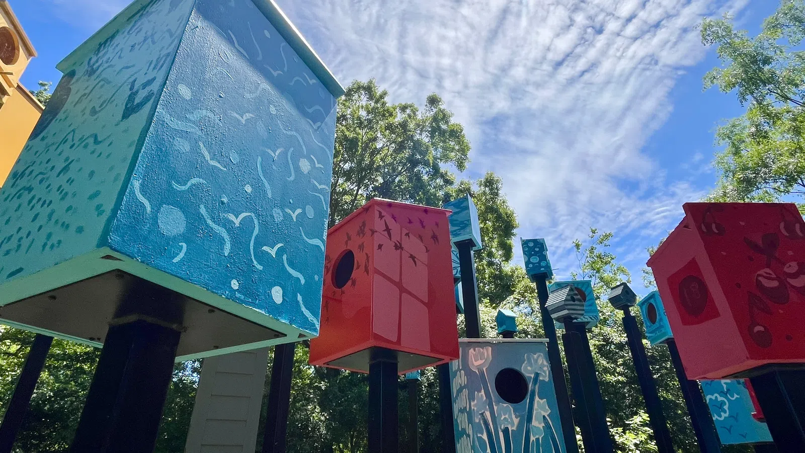 Colorful birdhouses mounted on black poles against a bright blue sky and leafy green trees.