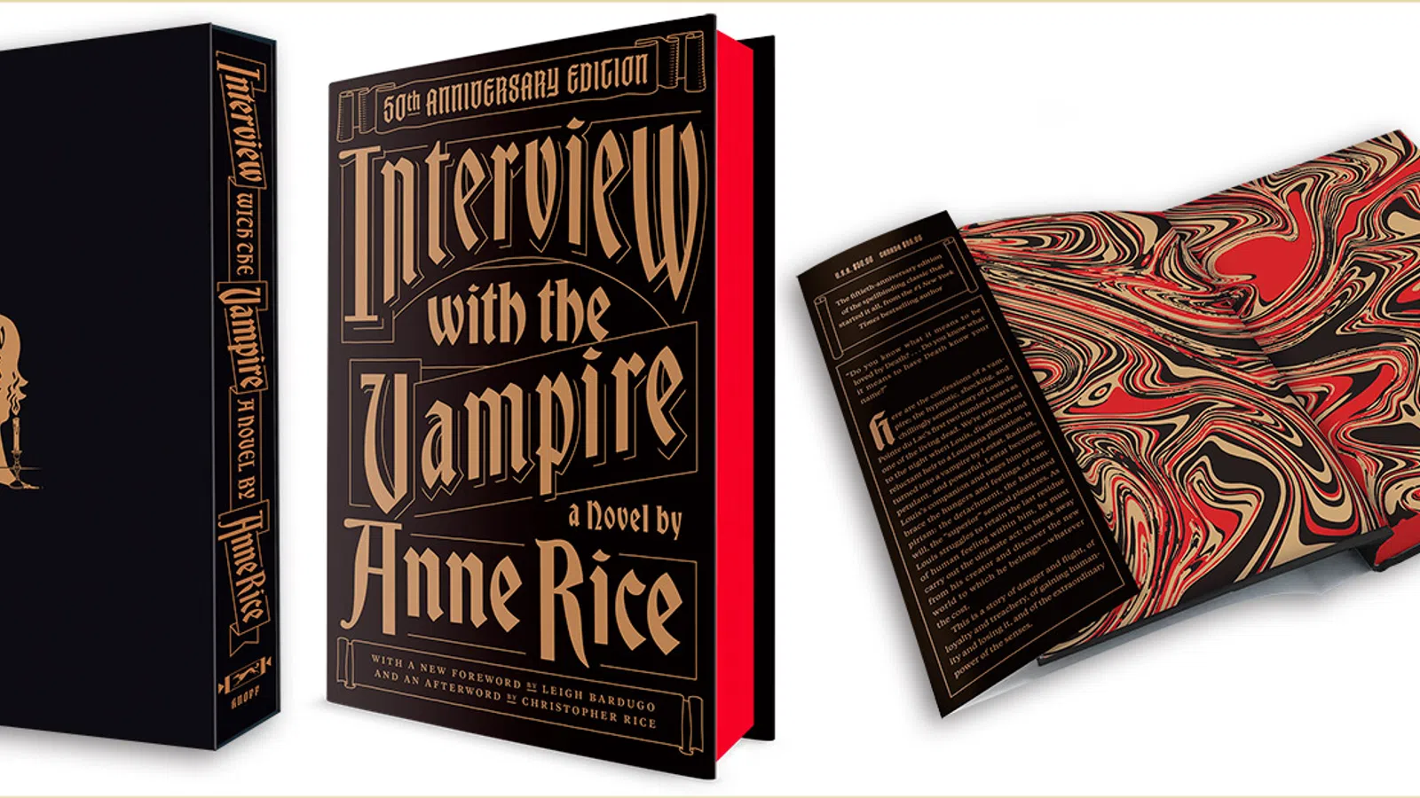 Special 50th anniversary edition of Interview with the Vampire by Anne Rice with decorative black and red cover design