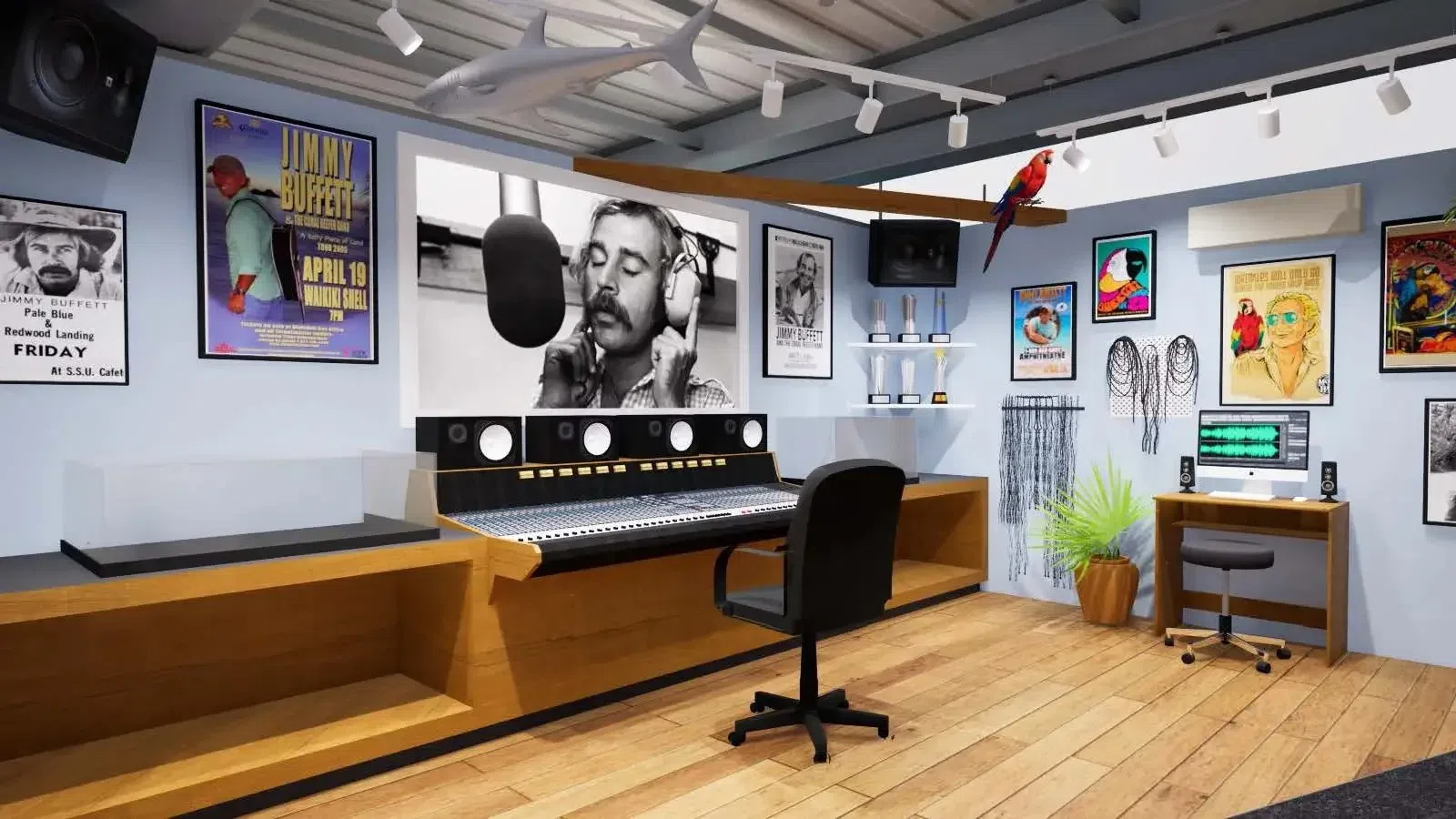 Modern music studio with mixing console, black office chair, framed posters, and a large black-and-white musician portrait.