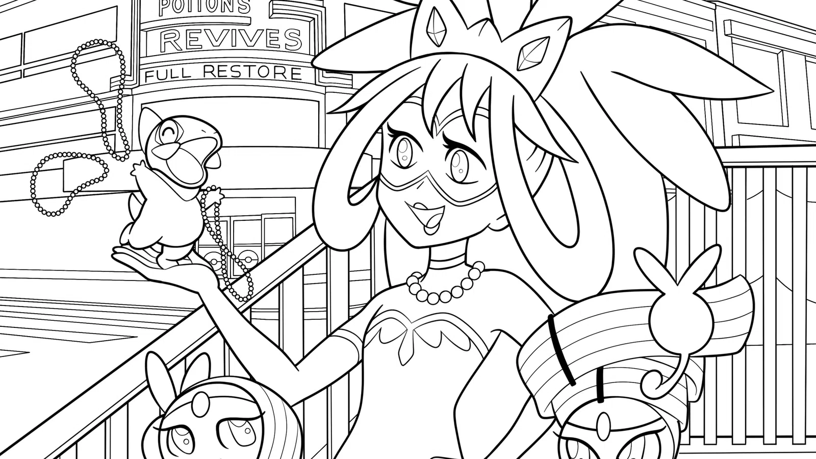 Anime girl with feathered headpiece holding a small bird figurine in a shop offering Pokeballs, potions, revives, full restore.