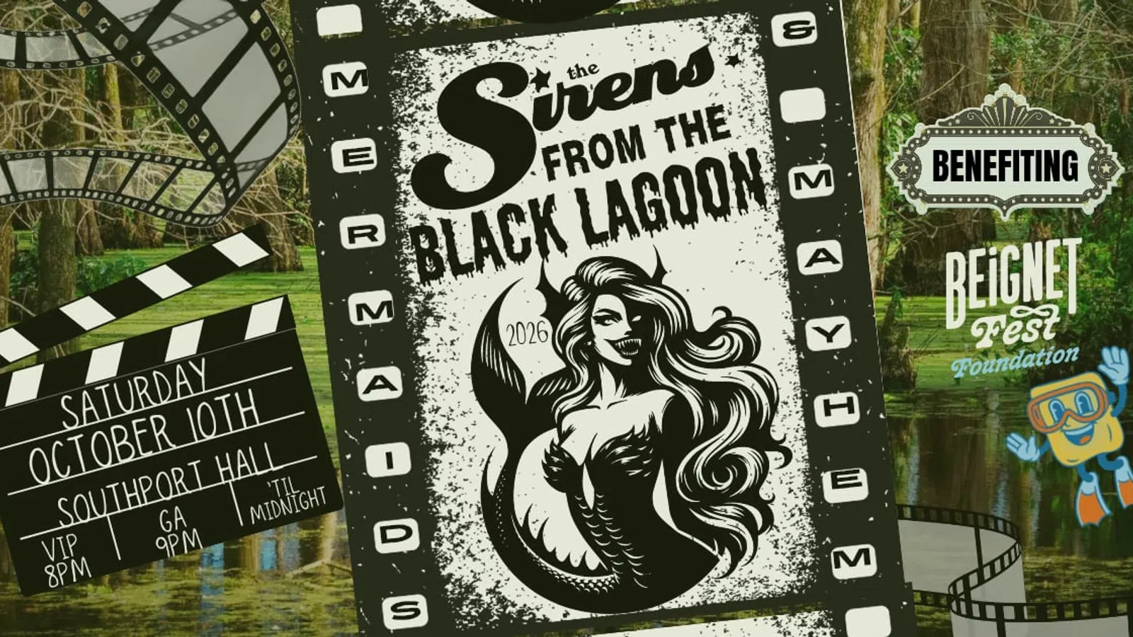 Poster for The Sirens from the Black Lagoon event on October 10th with mermaid and film-themed graphics.