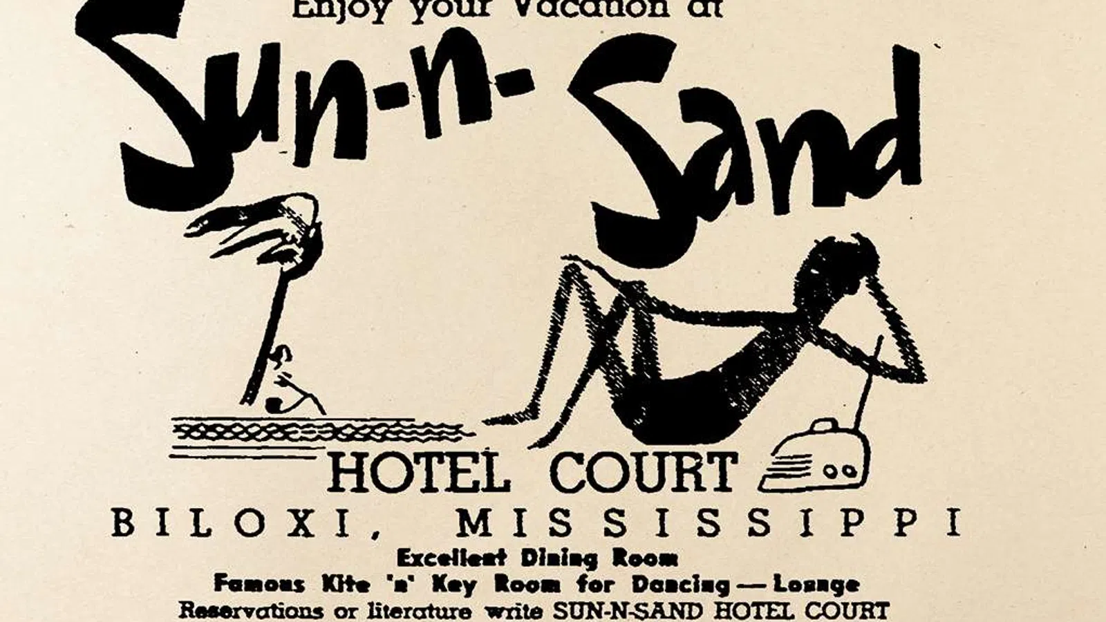 Vintage black and white ad for Sun-n-Sand Hotel Court in Biloxi with a relaxing figure and pelican illustration.