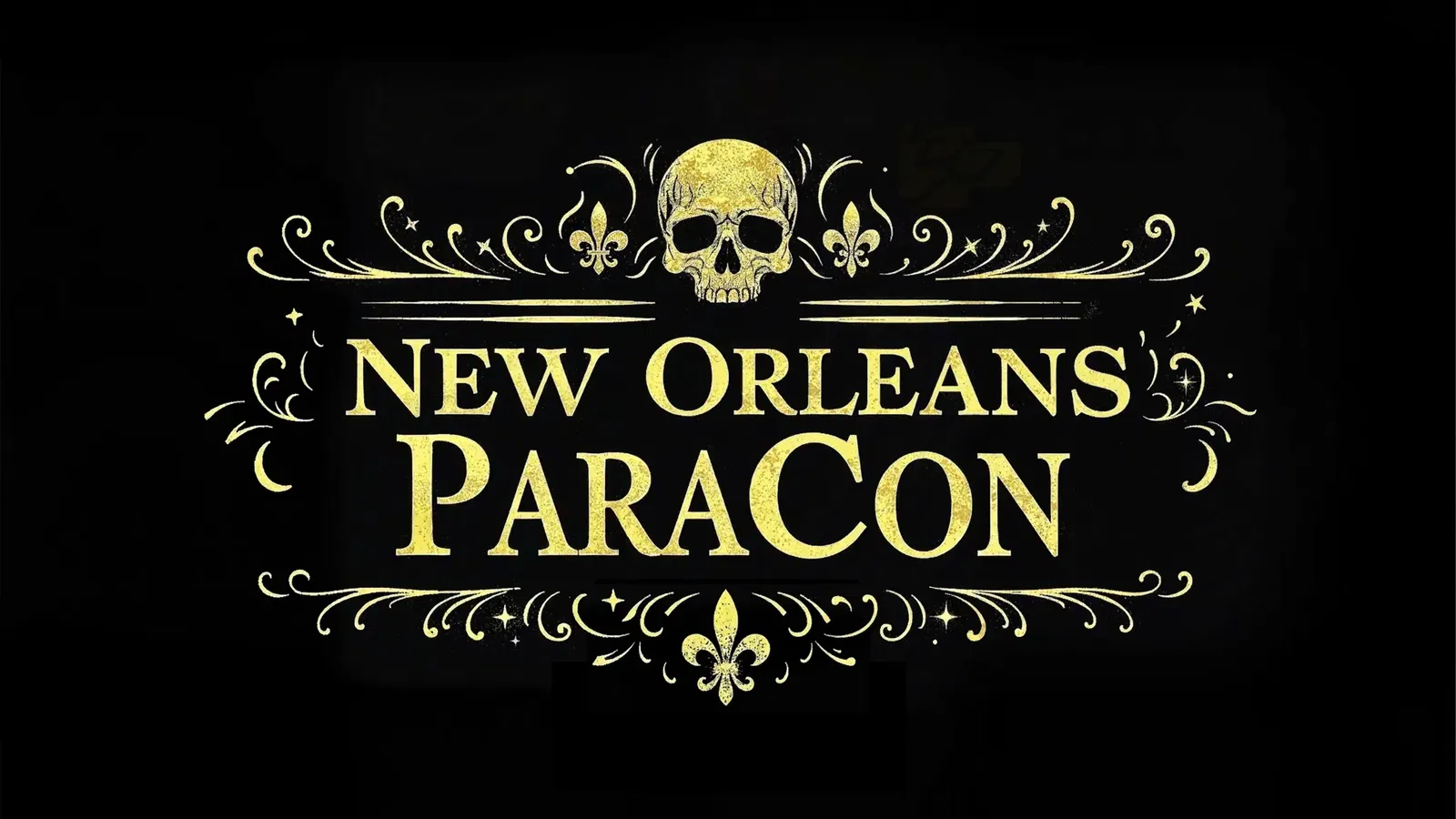 Gold New Orleans ParaCon logo with a skull and decorative fleur-de-lis on black background