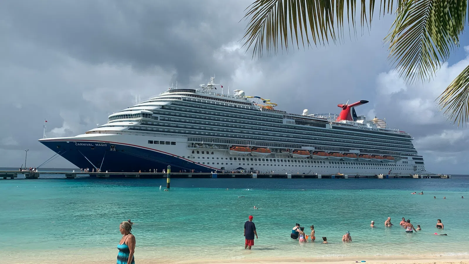 Large cruise ship docked near beach with people swimming and palm tree overlooking turquoise water.