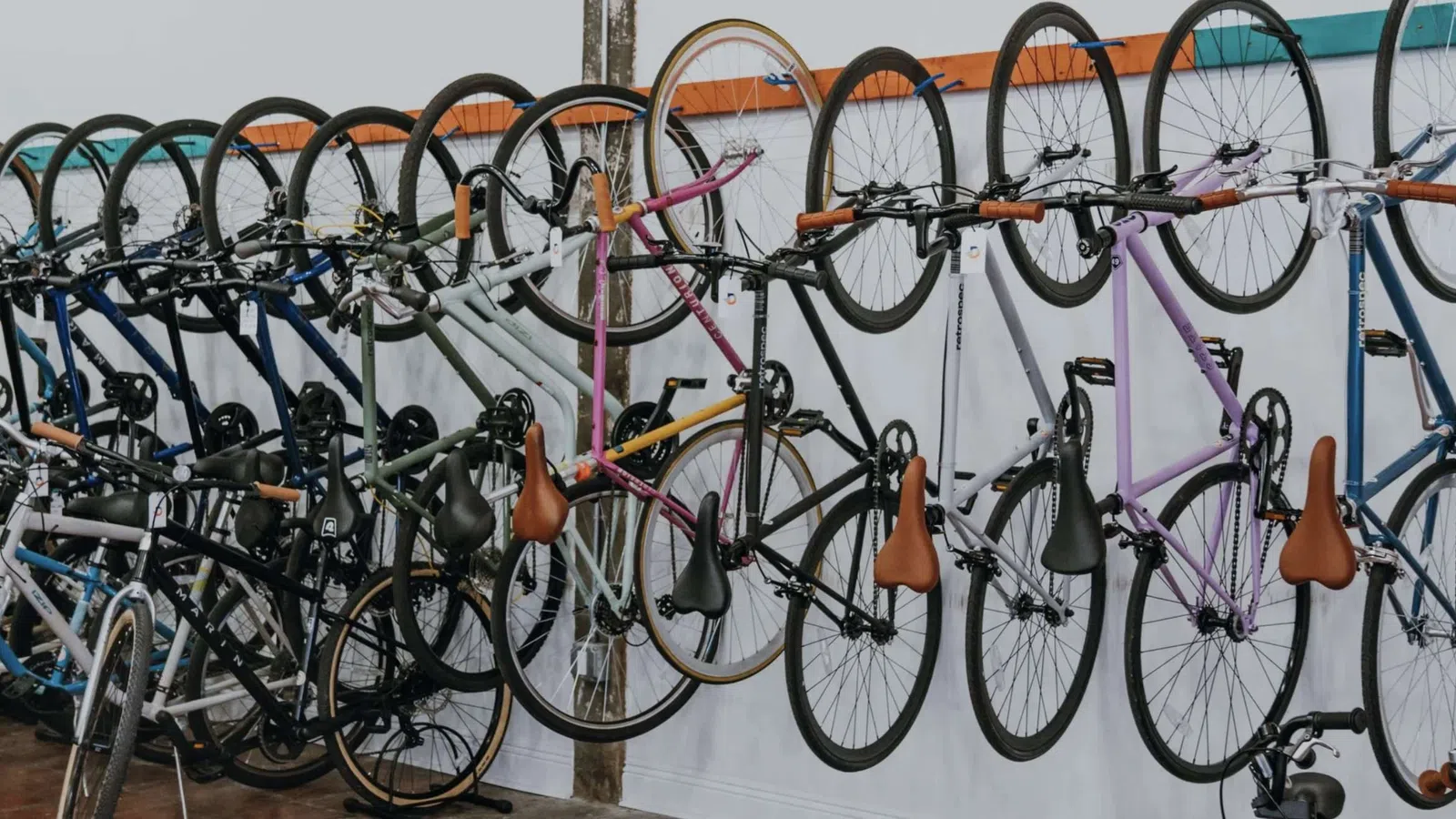 Multiple bicycles with leather seats hanging on wall racks and others parked on the floor in a bike shop.