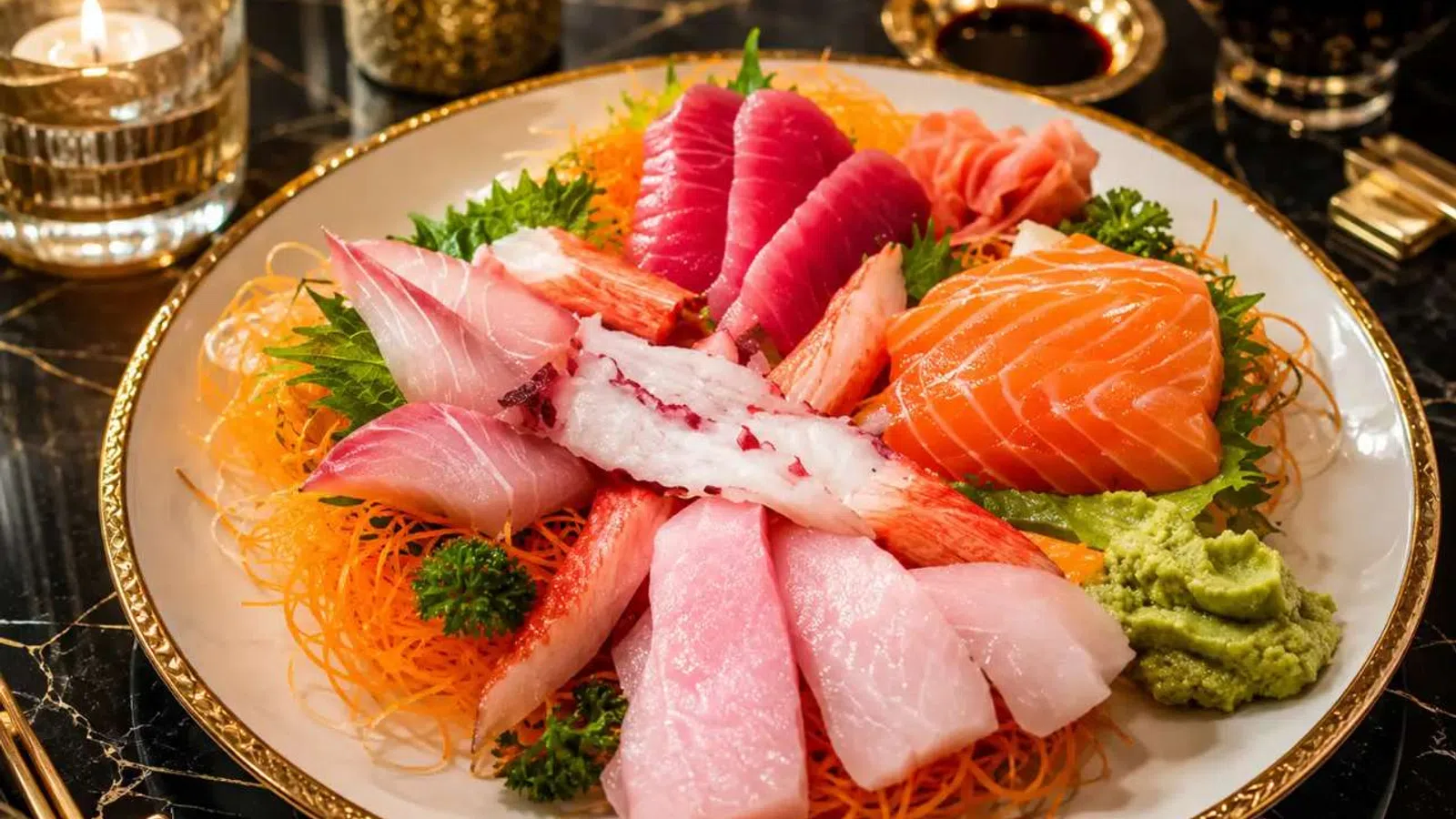 Assorted sashimi plate with salmon, tuna, white fish, crab, wasabi, and garnishes on a decorative plate.