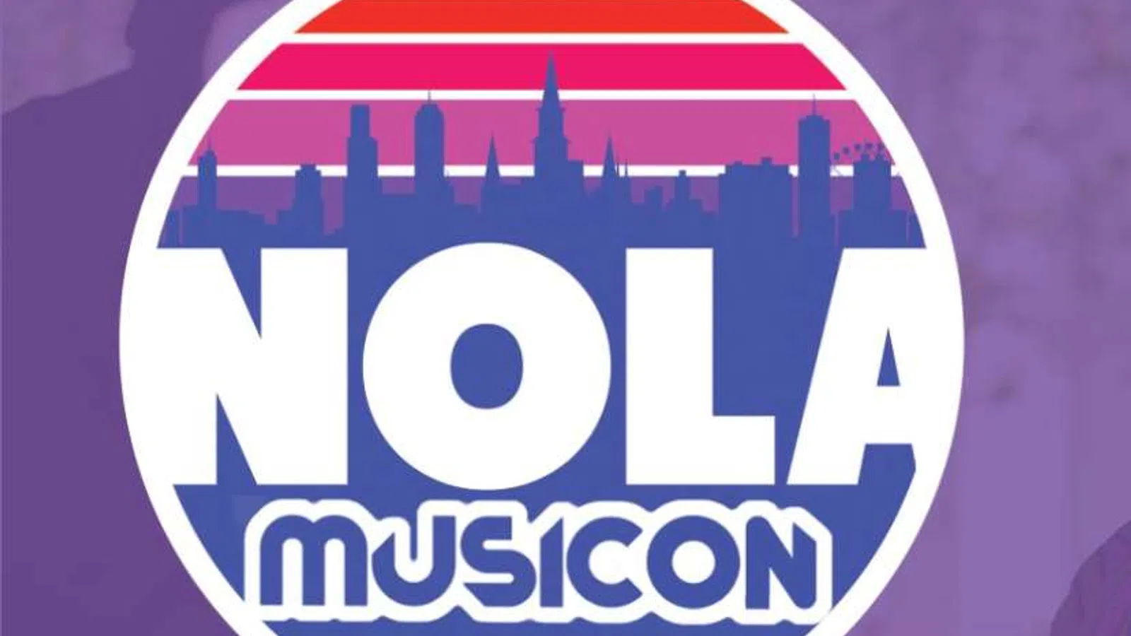 Circular NOLA MusiCon logo with city skyline silhouette and striped sunset background, with overlaid text reading NOLA MusiCon