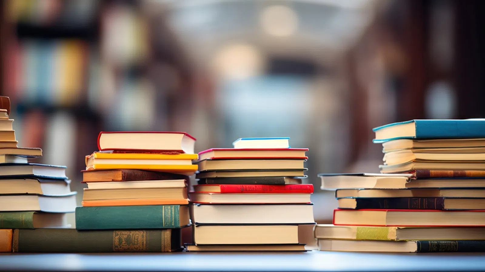 Stacks of colorful hardcover books arranged on a table in a blurred library setting with warm lighting.