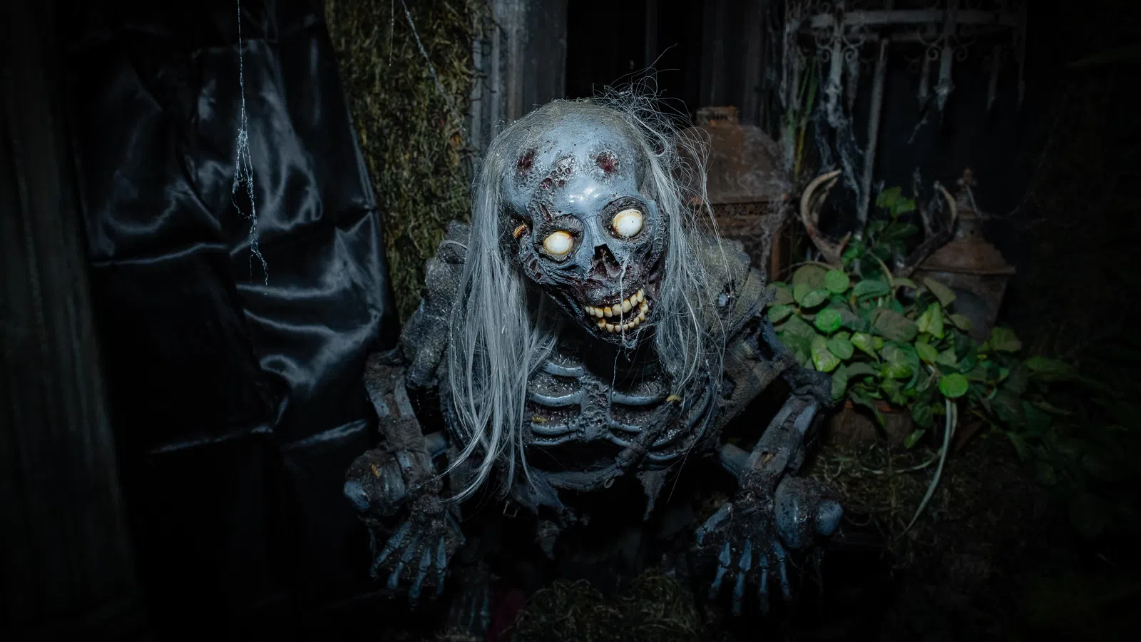 Creepy skeleton figure with glowing eyes and long white hair in a dark, eerie setting with plants and moss.