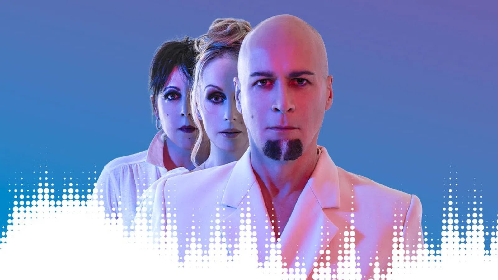 Three serious adults in white outfits with blue and pink lighting, arranged in a row against a blue background.