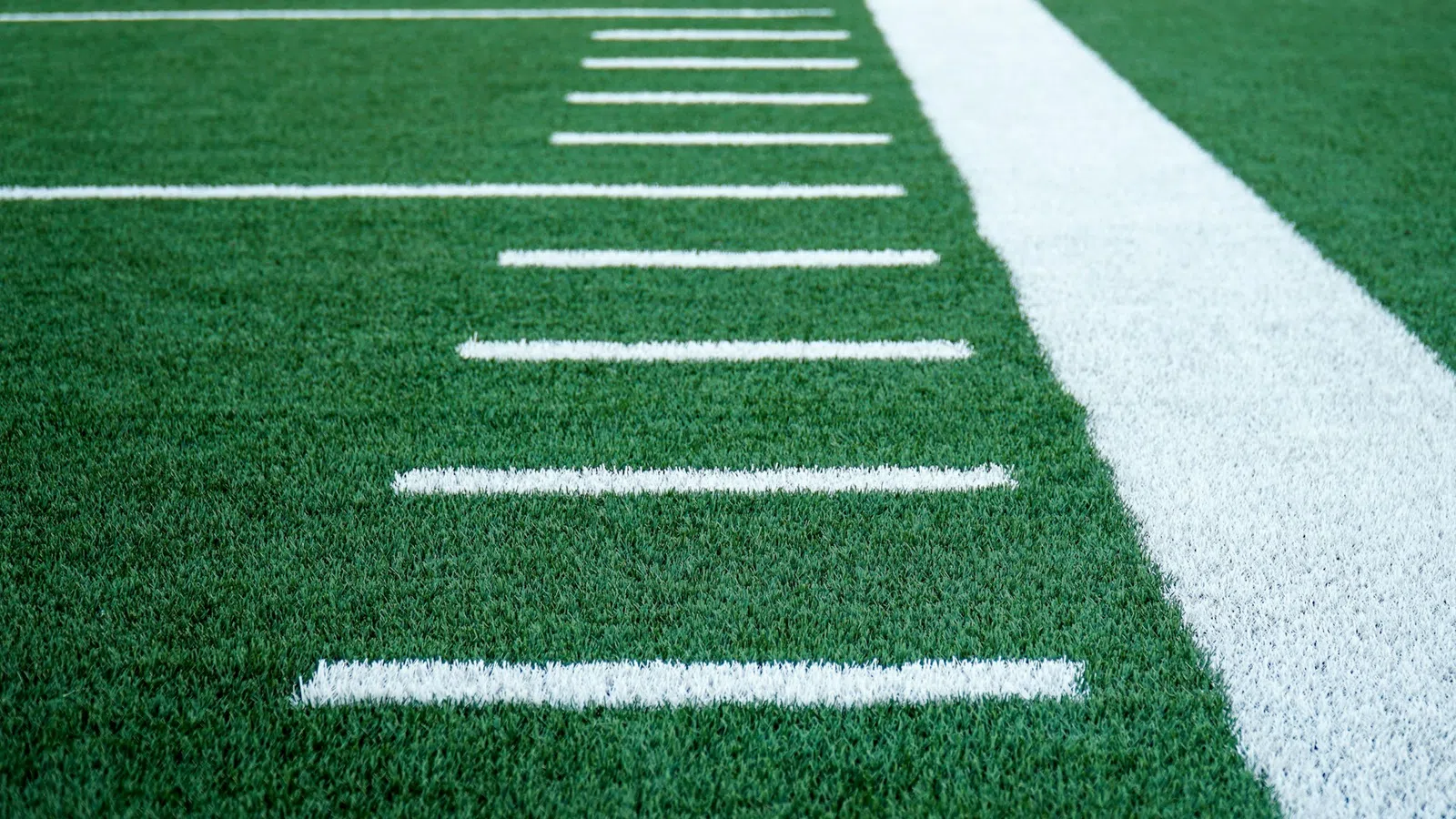 Close-up of green turf with white yard lines on an American football field.