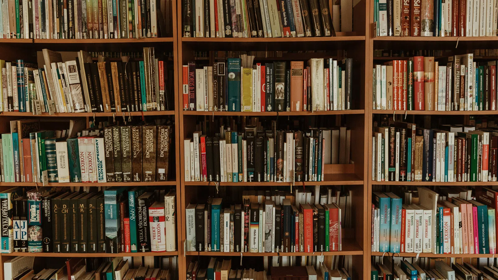 Wooden bookshelves filled with a variety of books organized by size and color in a cozy library setting