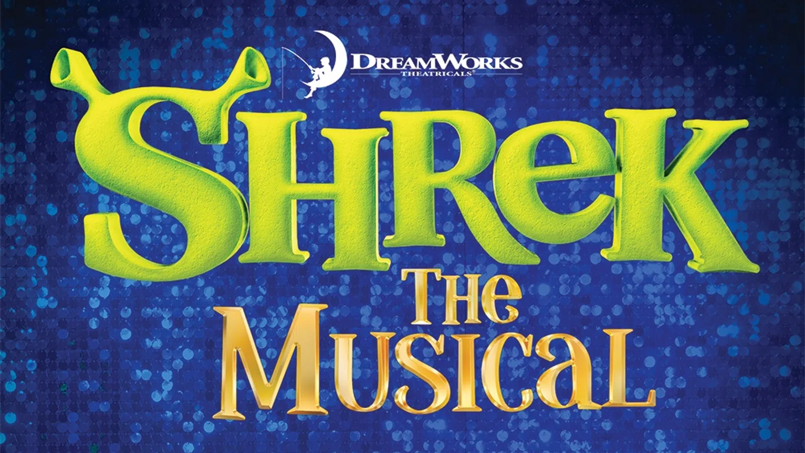 Shrek The Musical logo with green ogre ears integrated into the text on a blue textured background.