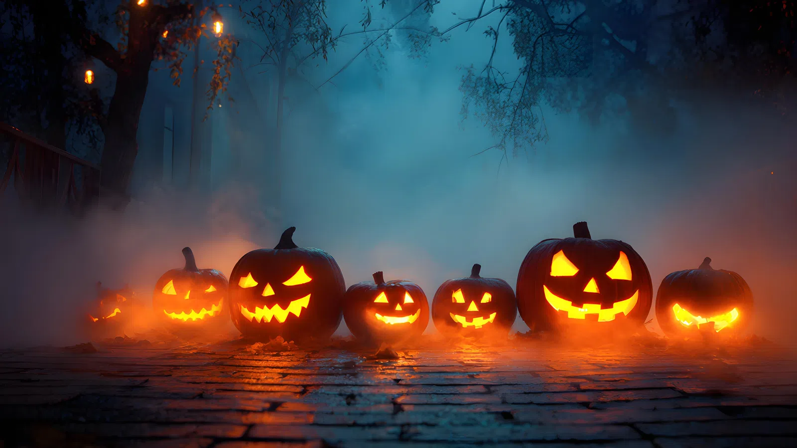 Glowing jack-o'-lanterns with carved faces lit inside on a foggy street at night for Halloween.