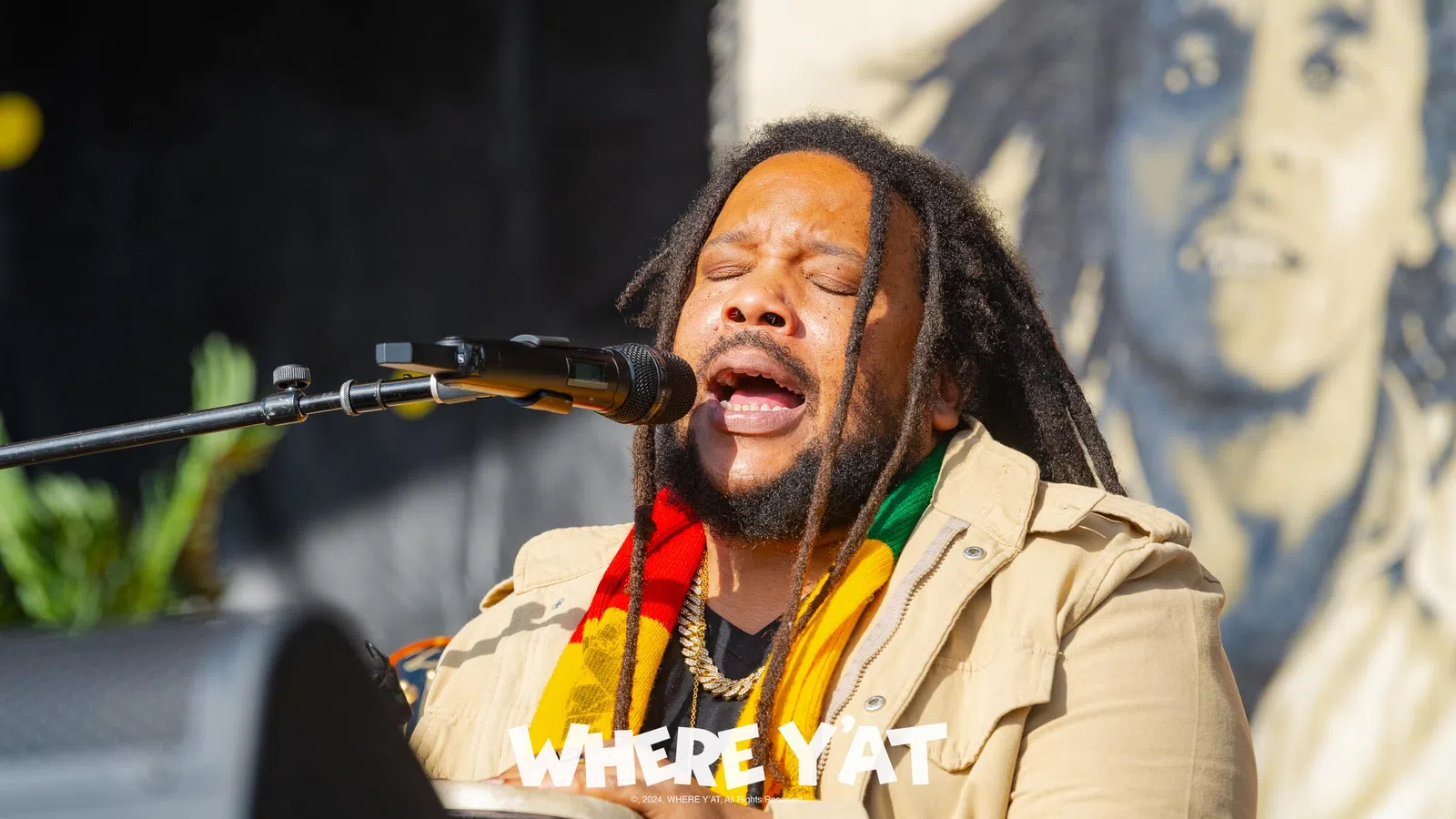 Stephen Marley with a beard singing into a microphone