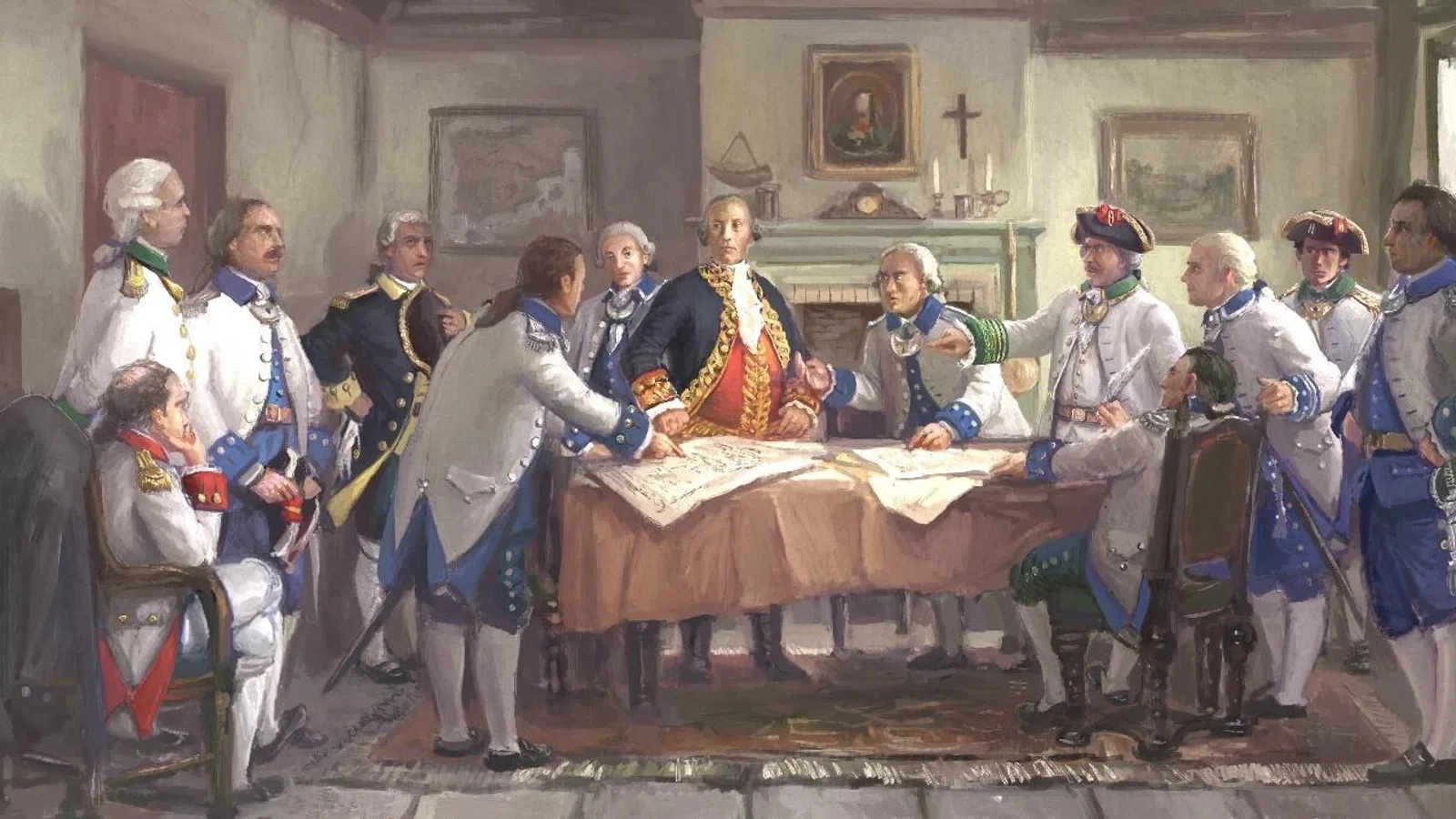 Historical painting of 18th-century military officers discussing a large map around a table in a vintage room.