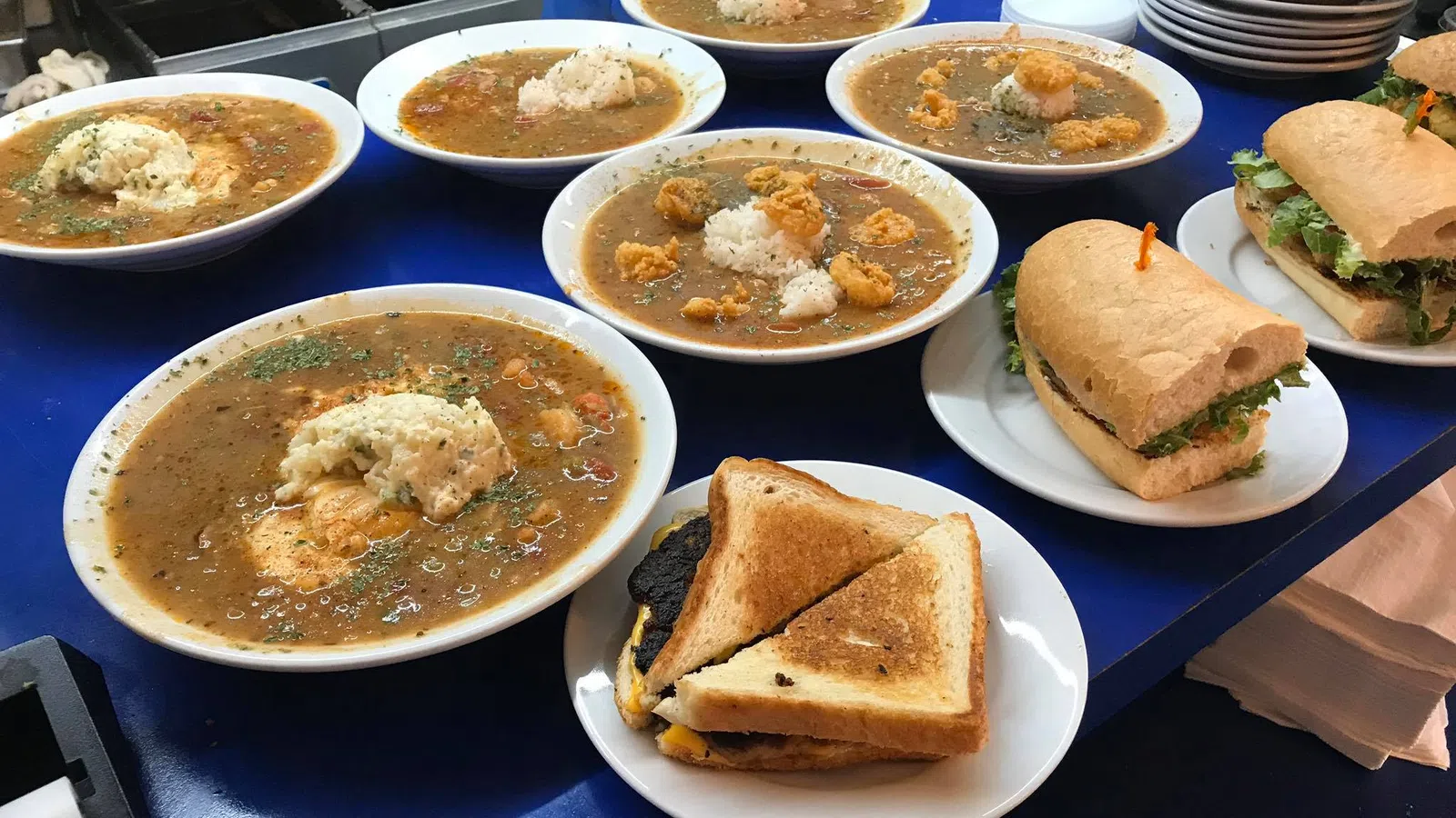 a table full of plates of food