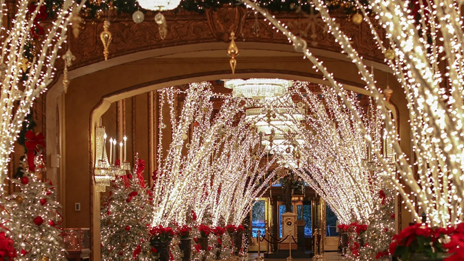 a decorated room with christmas decorations