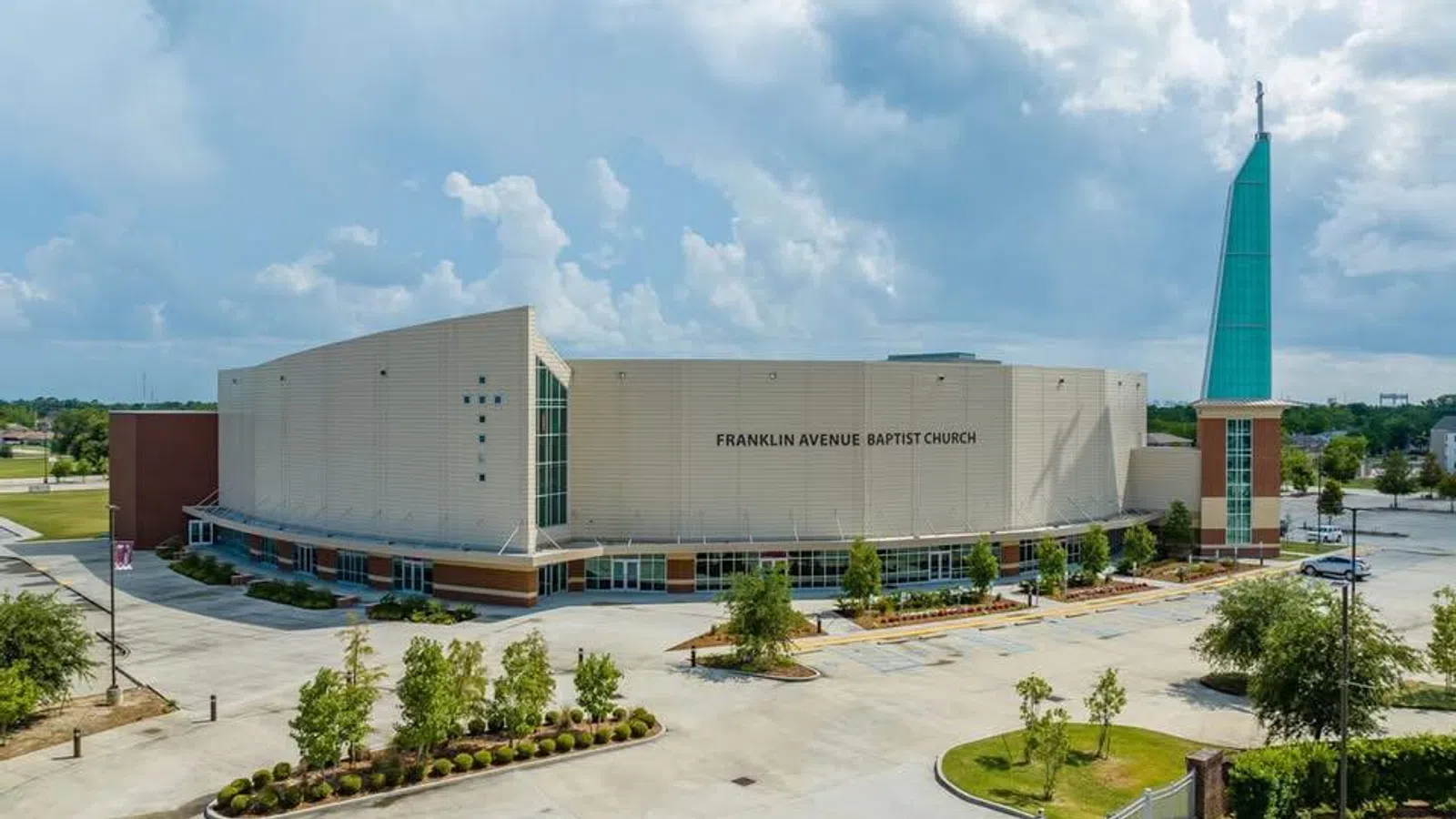 Aerial view of Franklin Avenue Baptist Church showcasing modern architecture and landscaping.