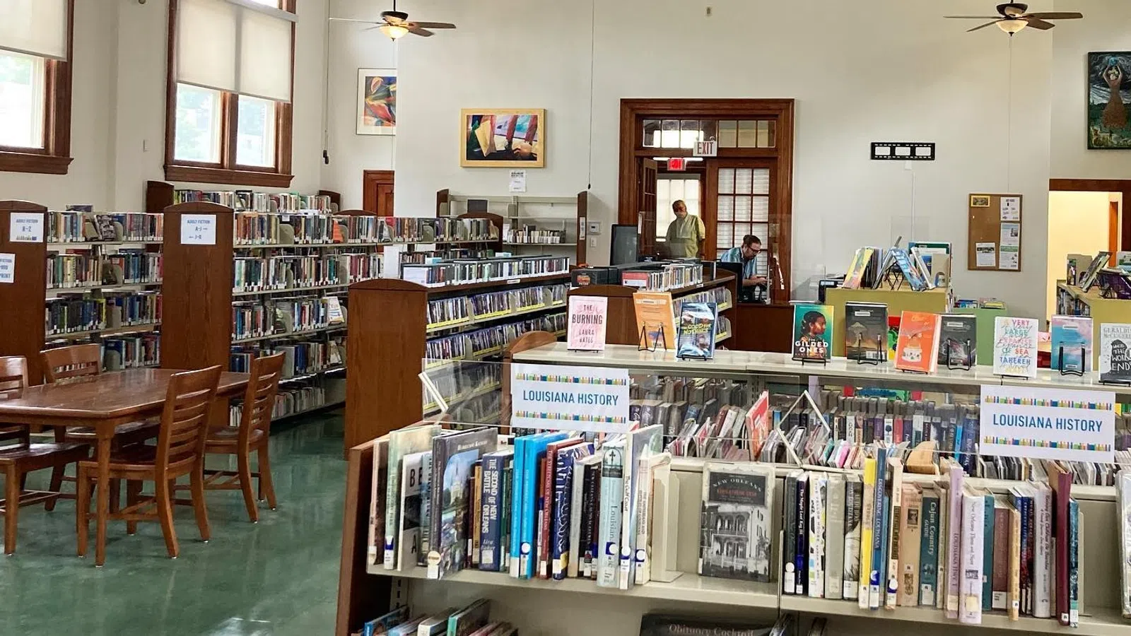 a library with books on shelves