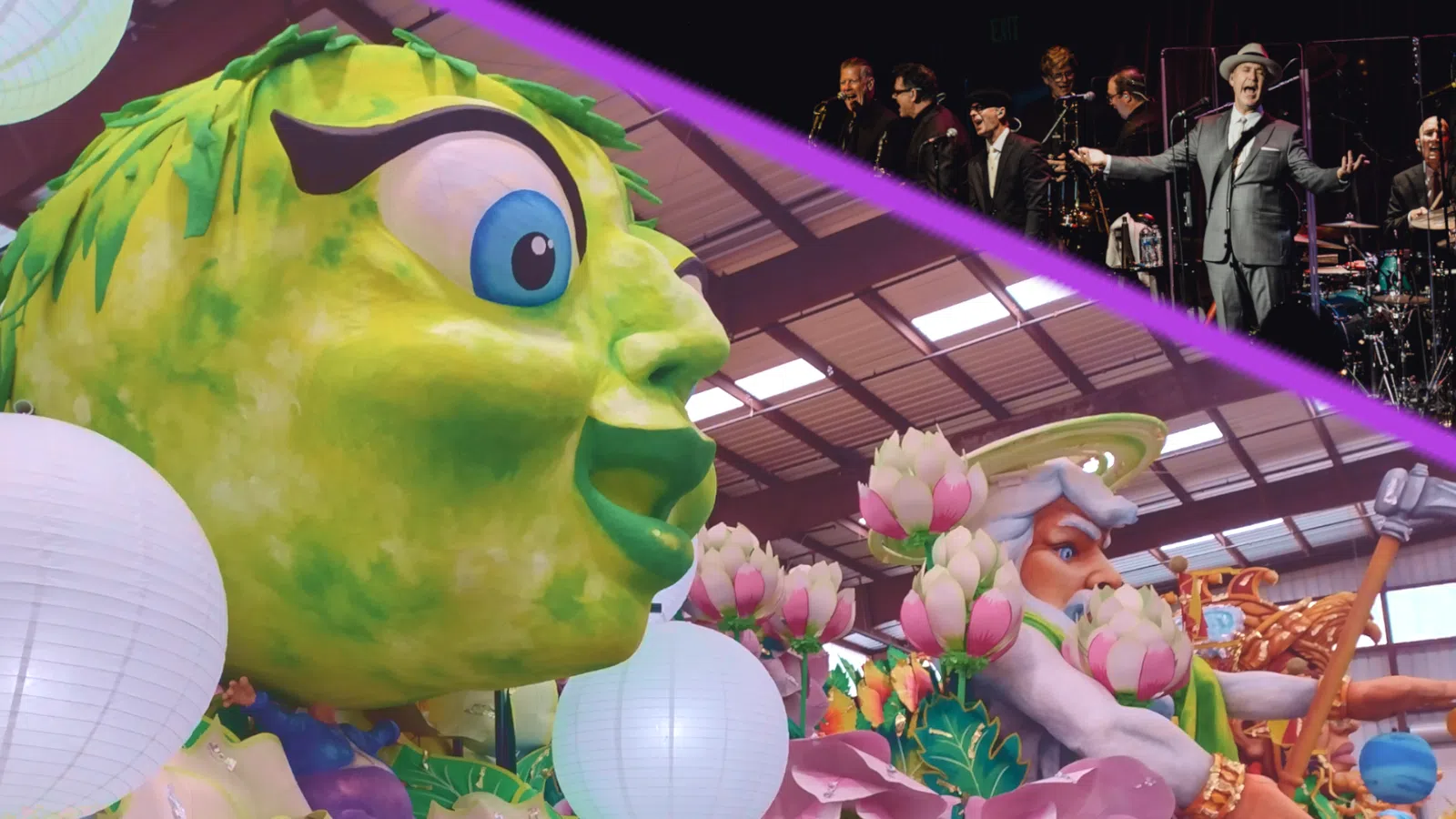 a group of people in a room with balloons and a person in a garment