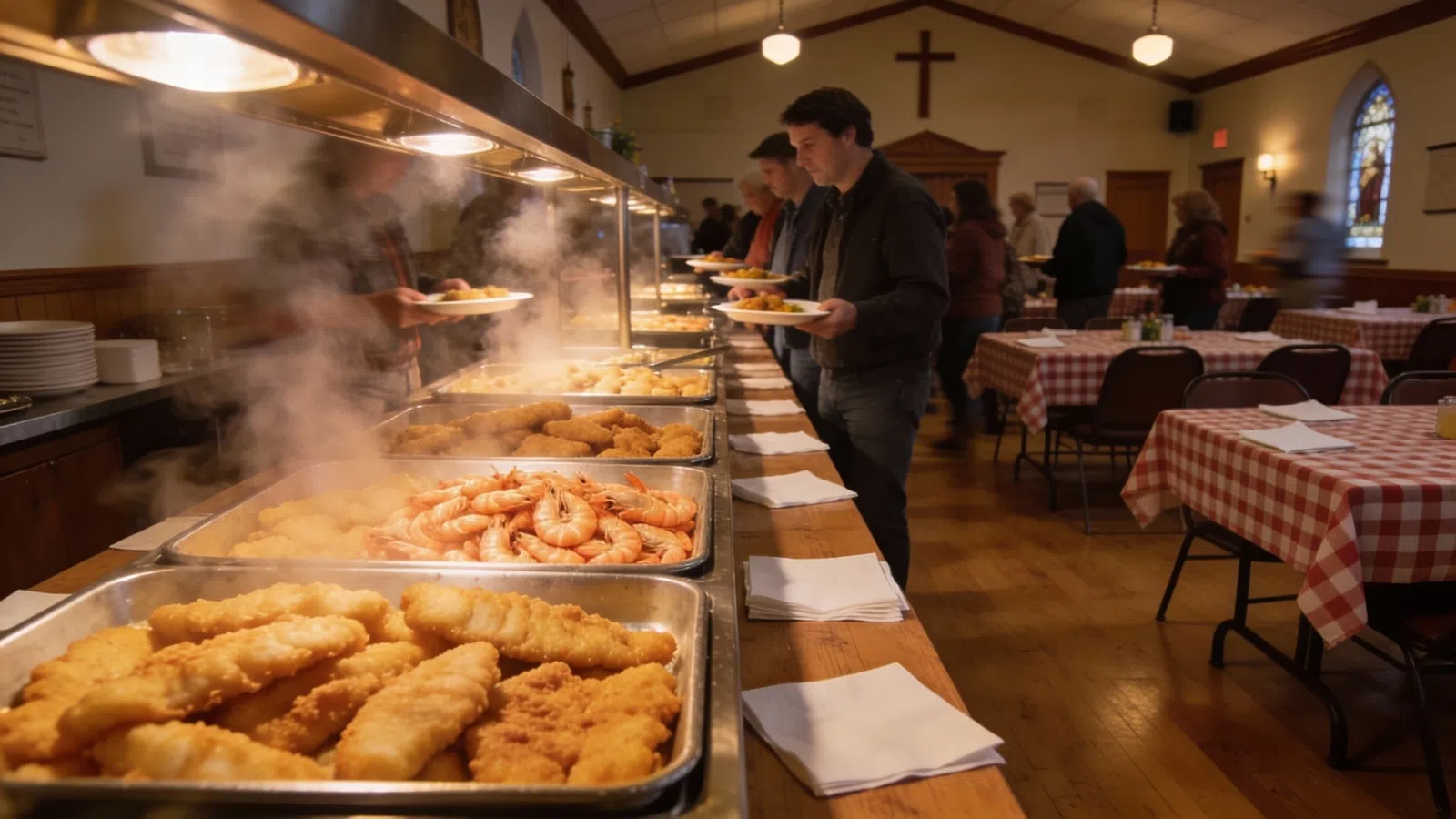 People serving themselves fried fish, shrimp, and sides from a buffet in a church dining hall.