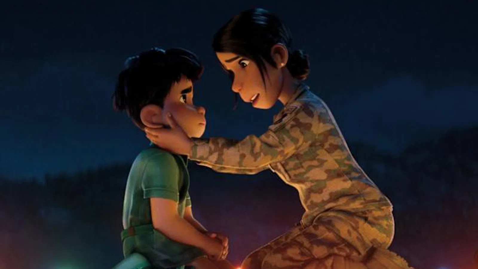 Animated scene of a woman in military uniform comforting a young boy at night with colorful lights around them.