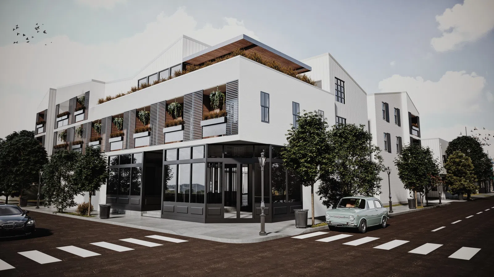 a white building with a parking lot