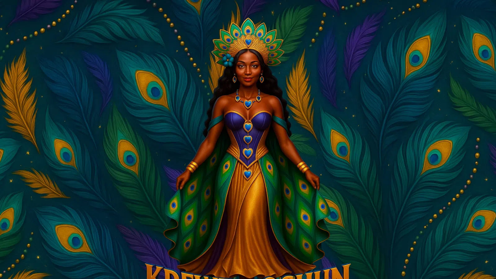 Regal woman dressed in peacock-themed vibrant costume with feathers and jewelry against matching feathered background
