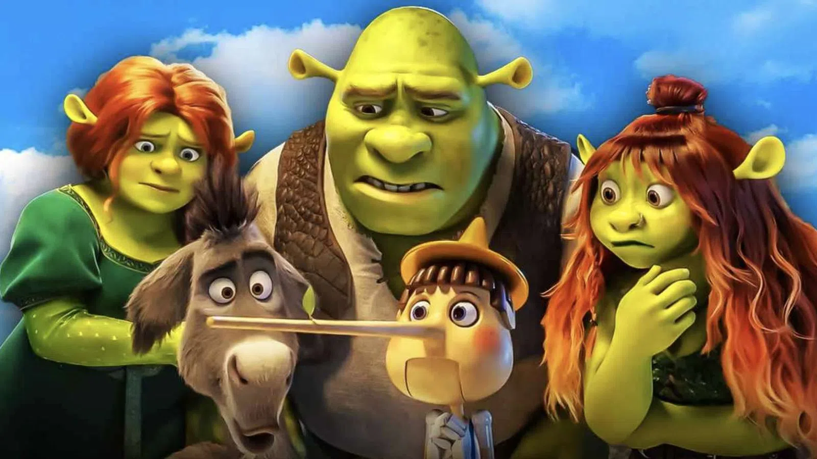 Shrek, Fiona, Donkey, and two other fairy tale characters looking surprised at Pinocchio with a long nose.