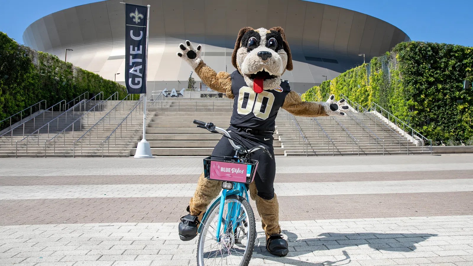 a person in a bear garment riding a bicycle