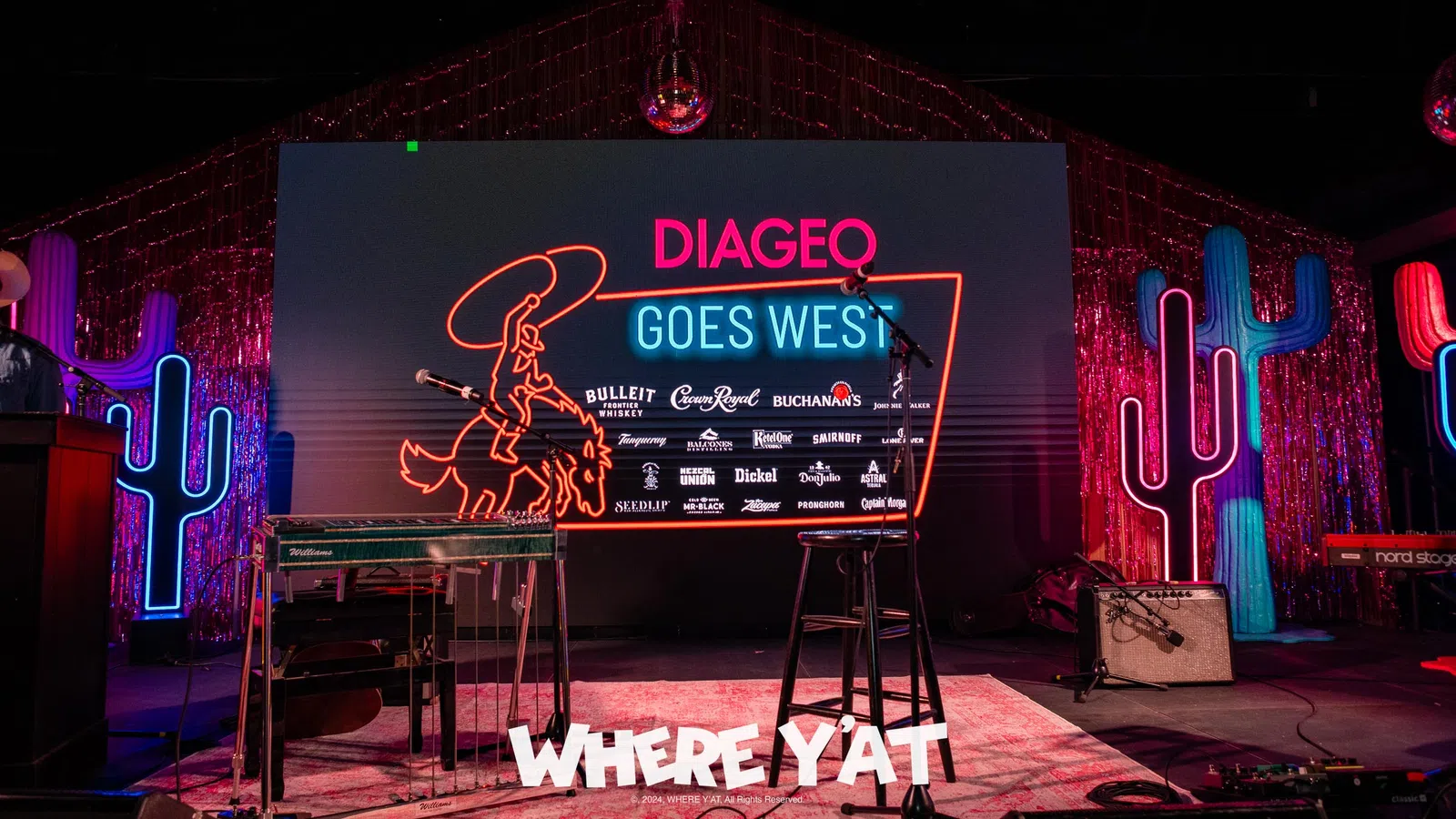 a stage with a sign and lights