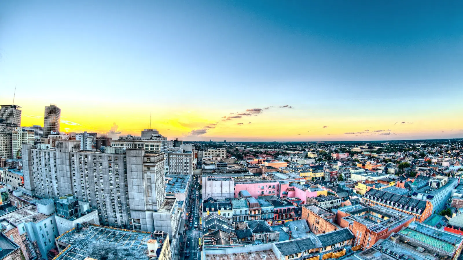 a city with a sunset