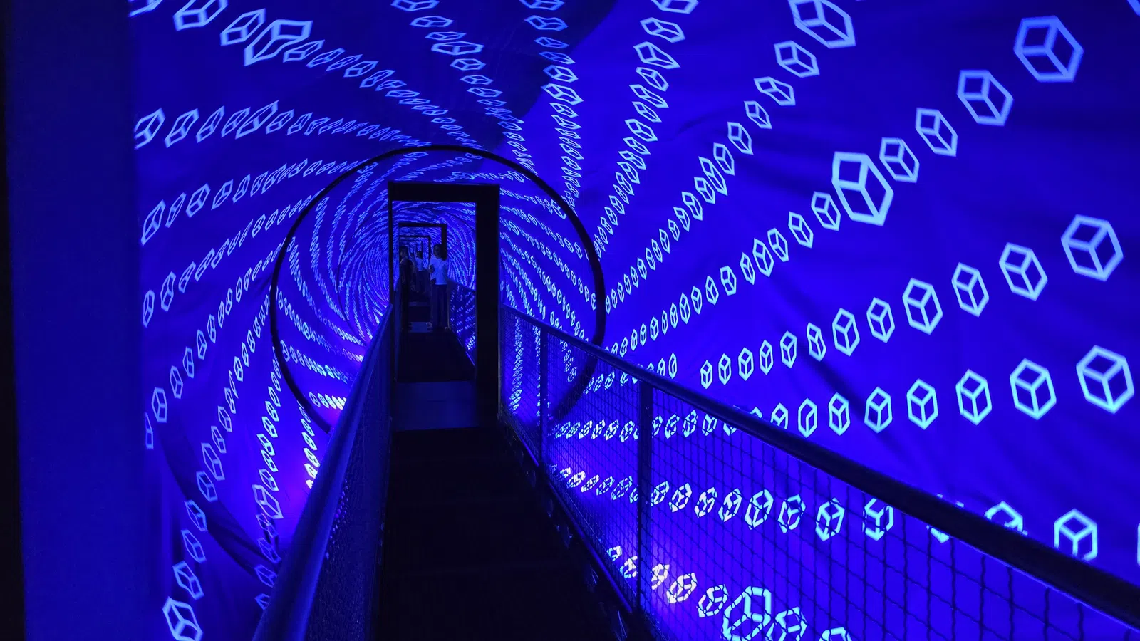 Tunnel walkway with glowing blue hexagonal patterns creating a futuristic visual effect.