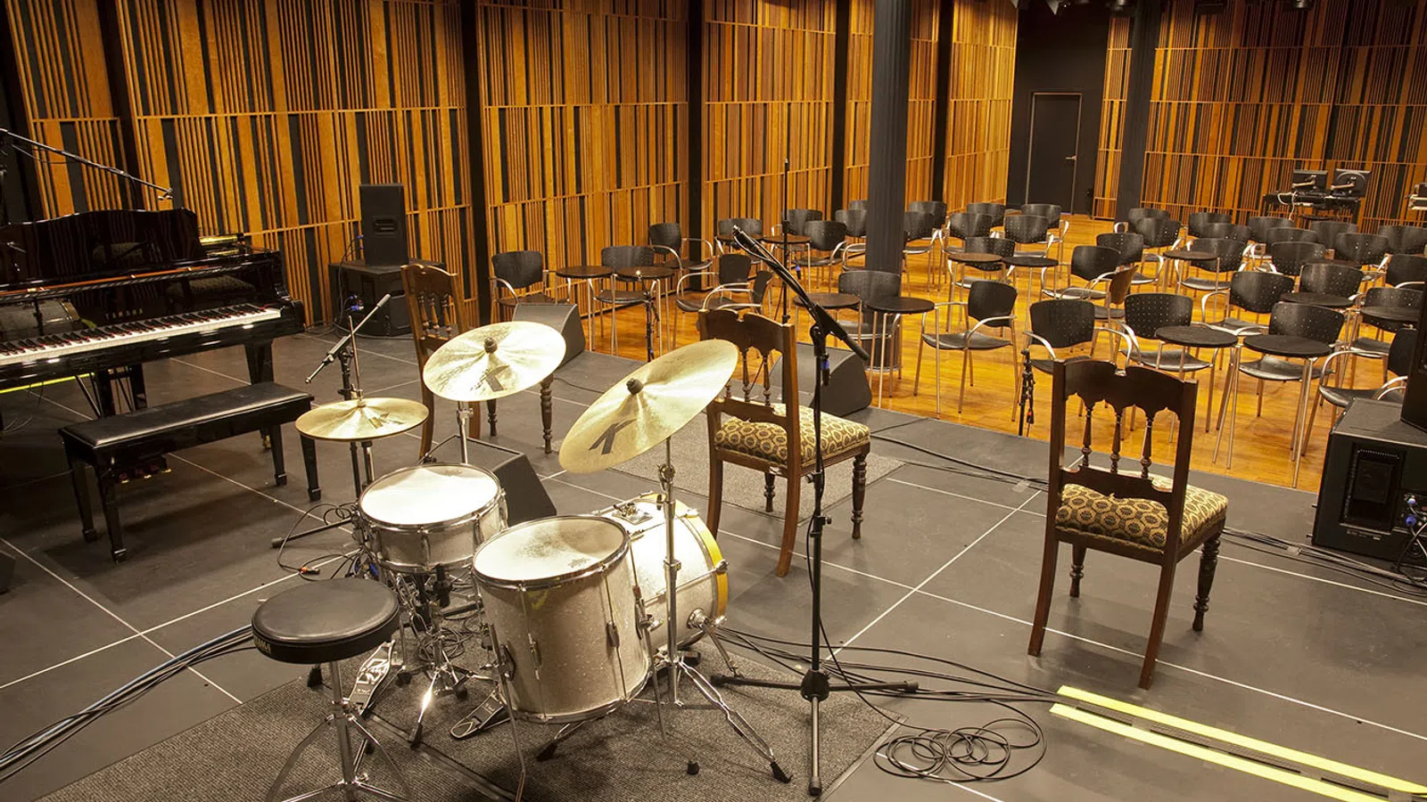 a drum set in a room