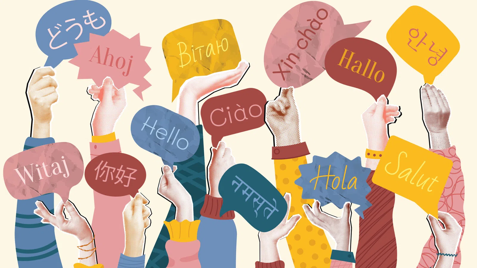 Diverse hands holding speech bubbles with greetings in various languages like Hello, Hola, Salut, and more.