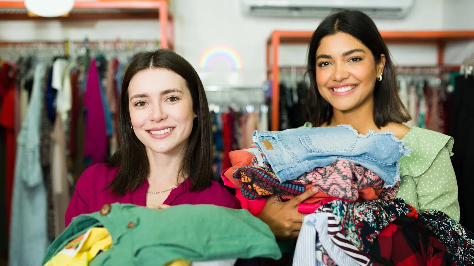 Two women smiling and holding large piles of colorful clothes inside a clothing store with racks in the background