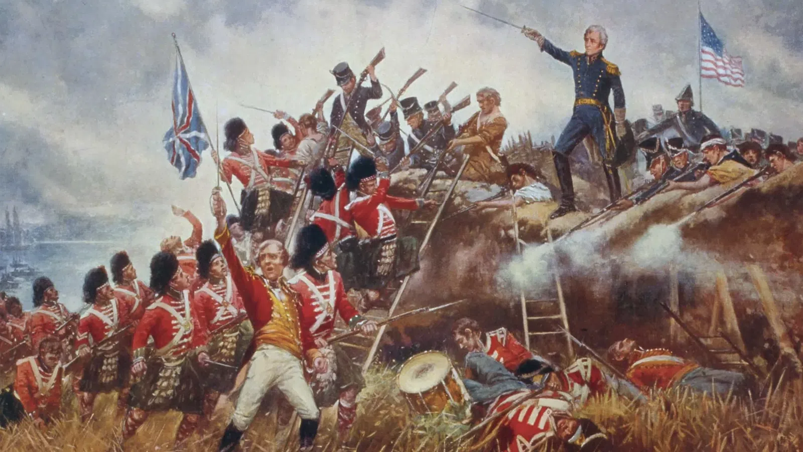 Battle scene with British and American soldiers fighting over a fort with flags and smoke during the War of 1812.