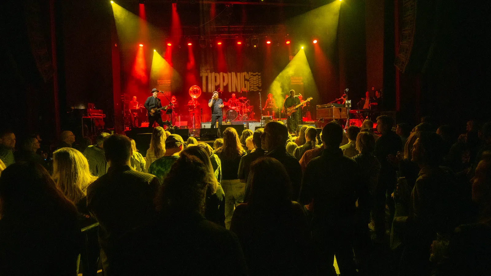 a crowd of people watching a band on a stage