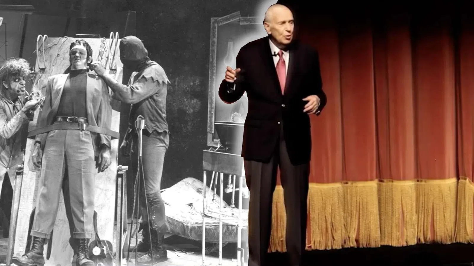 Split image of classic Frankenstein laboratory scene in black and white and man speaking on stage in front of red curtain.