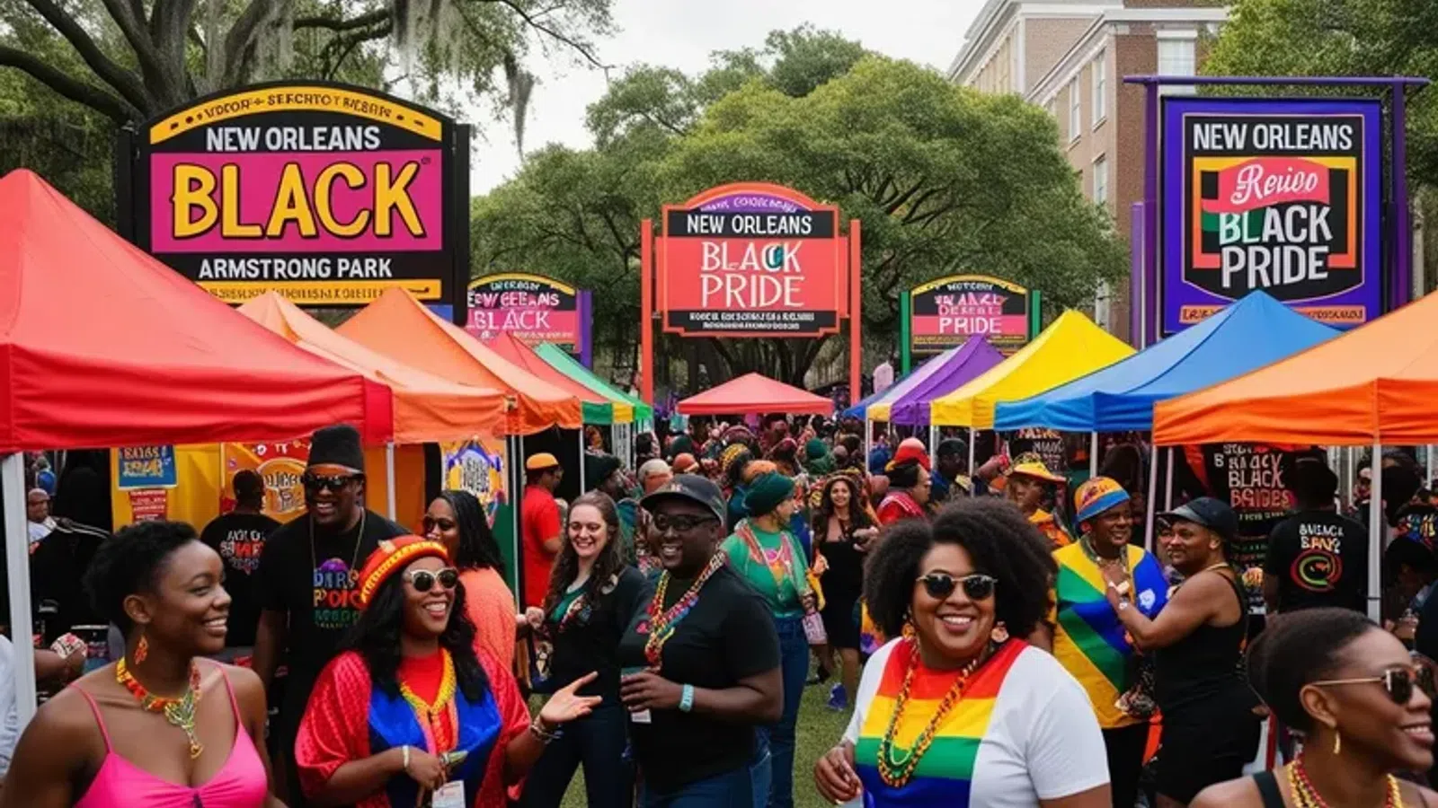 Crowd enjoying New Orleans Black Pride festival with colorful tents and vibrant signs in Armstrong Park