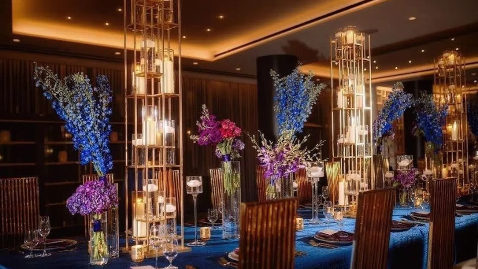 a dining room with a table set