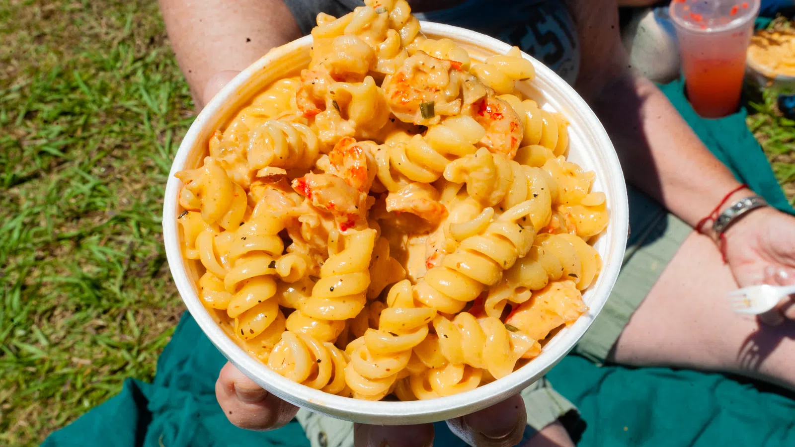 A close-up of a person holding a bowl of creamy spiral pasta with chicken and seasoning.