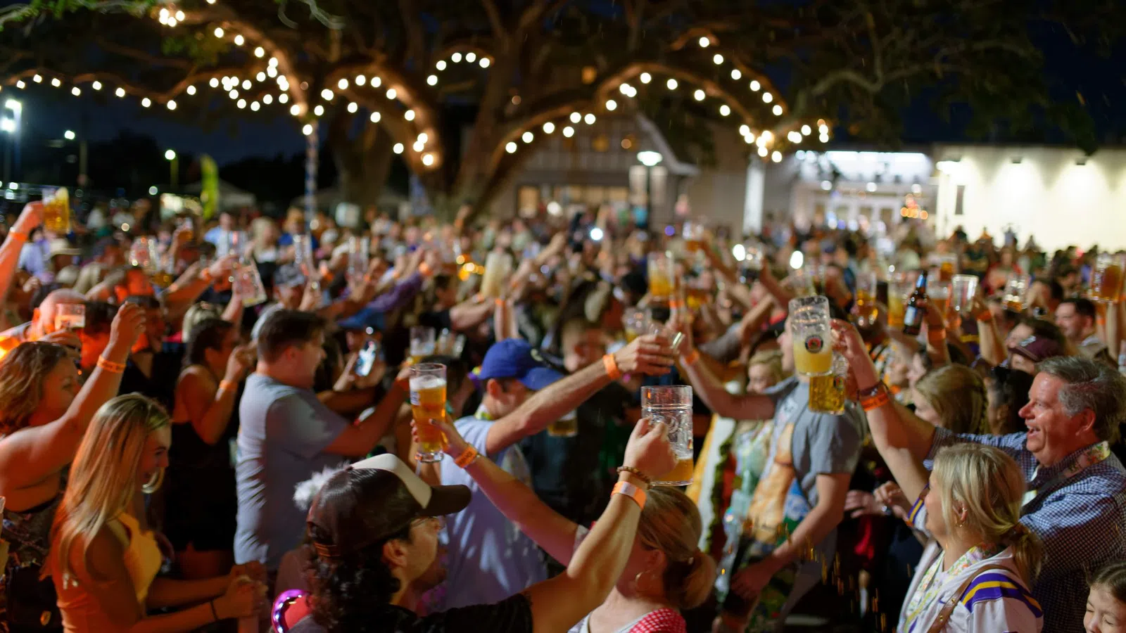 Crowd enjoying outdoor night event raising glasses of beer under string lights and large tree.