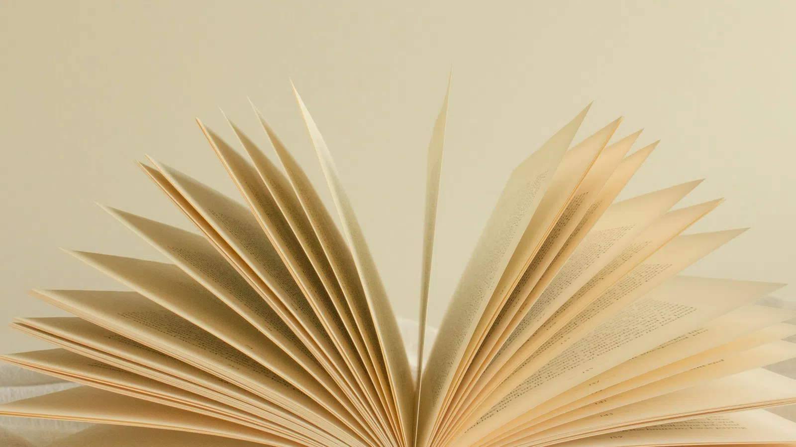 Open book with pages fanned out against a neutral beige background in soft natural light