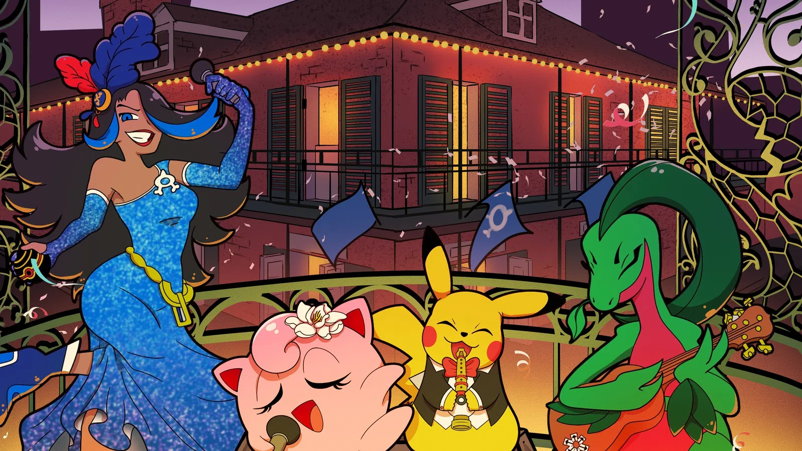 Pikachu, Jigglypuff, and other characters perform music on a balcony at night in a festive city setting.