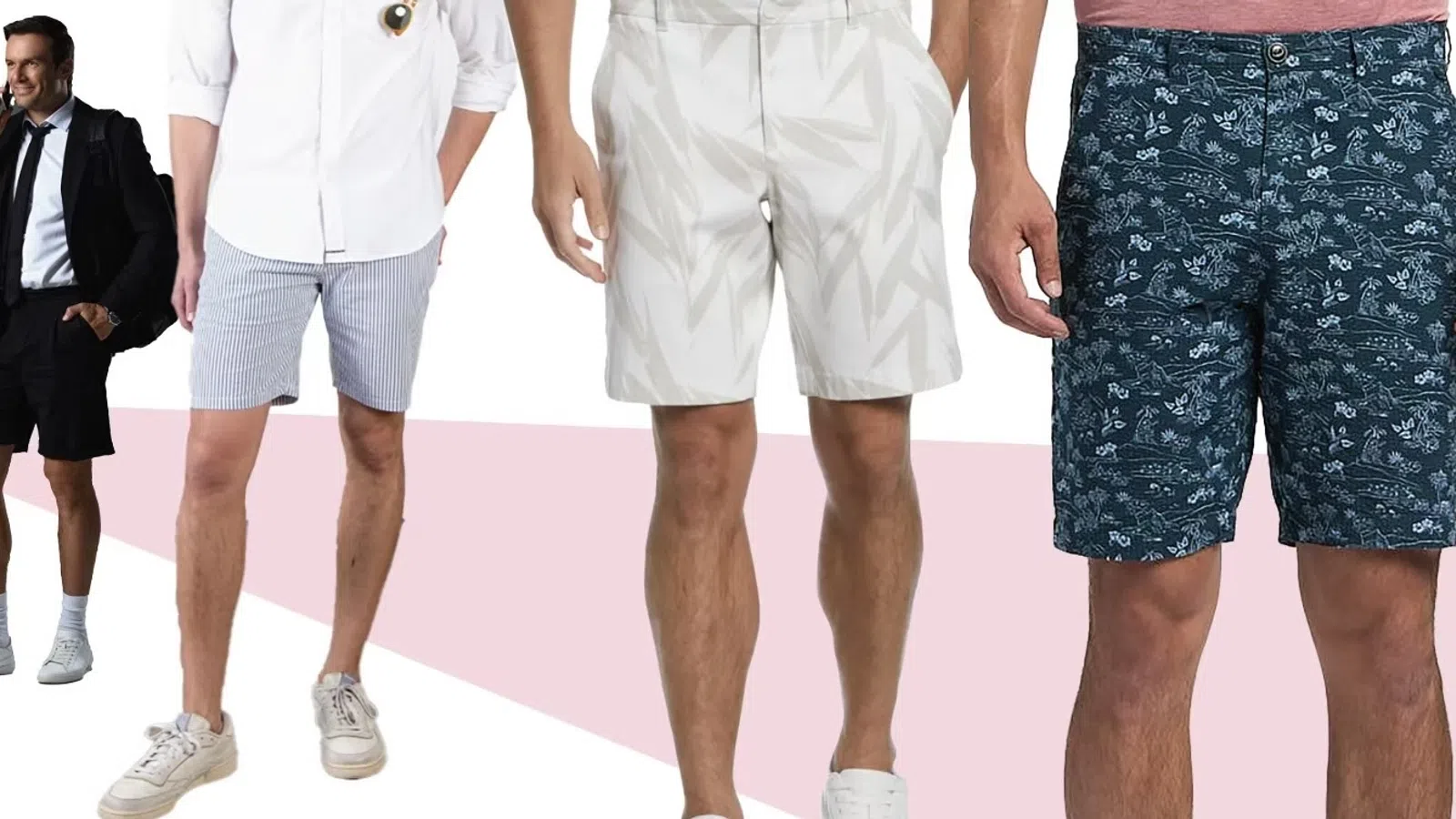 Four men modeling various styles of men's shorts including casual, patterned, and tailored designs.