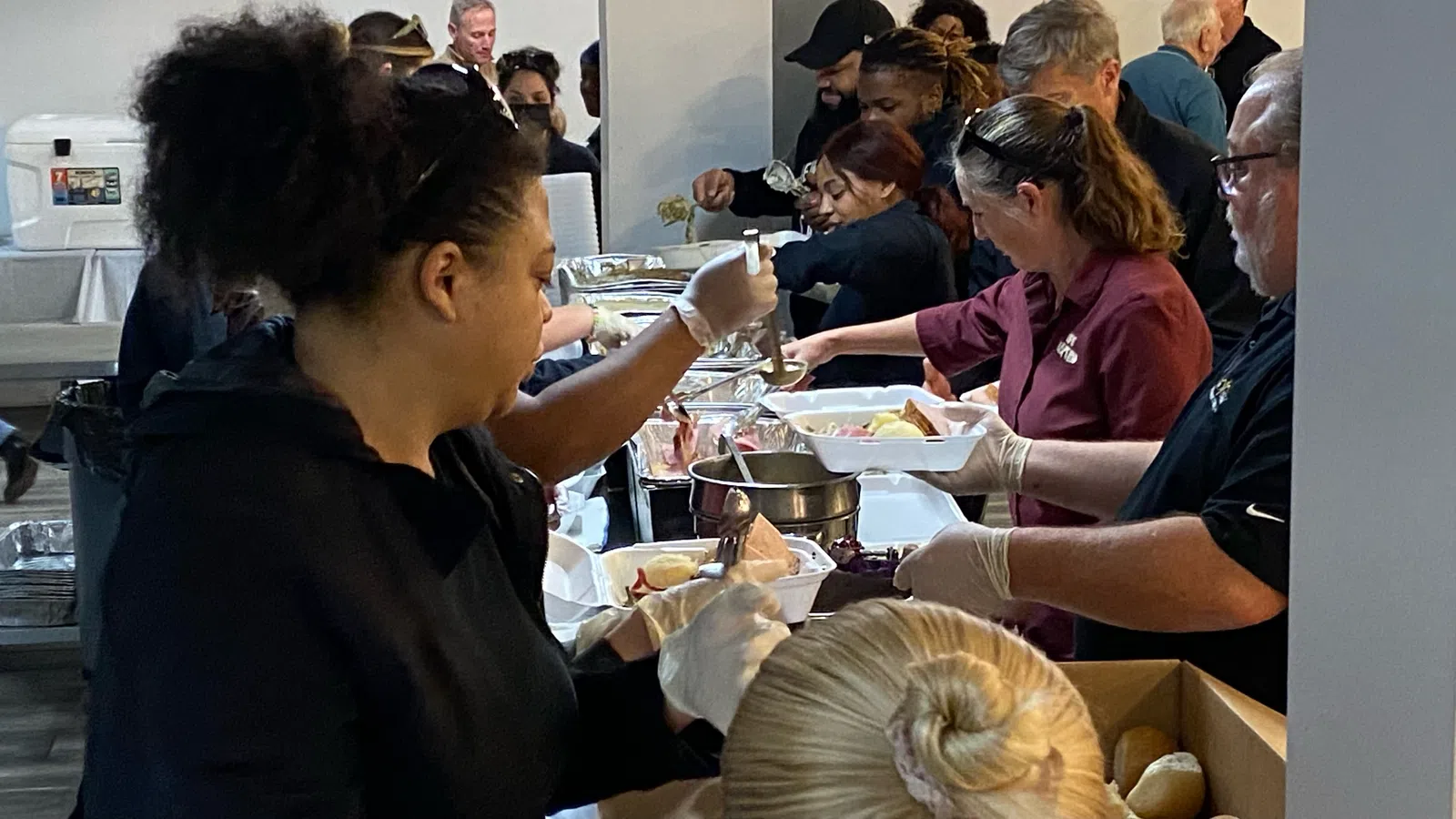 a group of people eating food